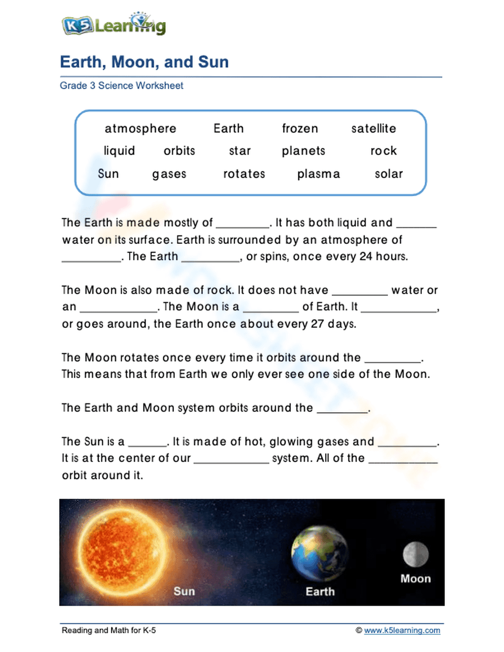 Grade 3 Science: Moon, Sun and Earth - Page 1