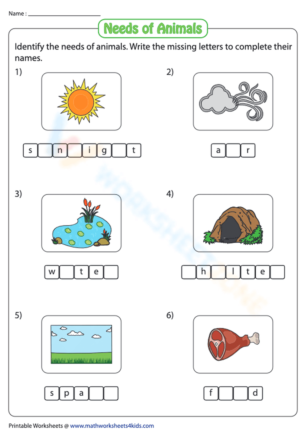 Needs of Animals: missing letters - Page 1