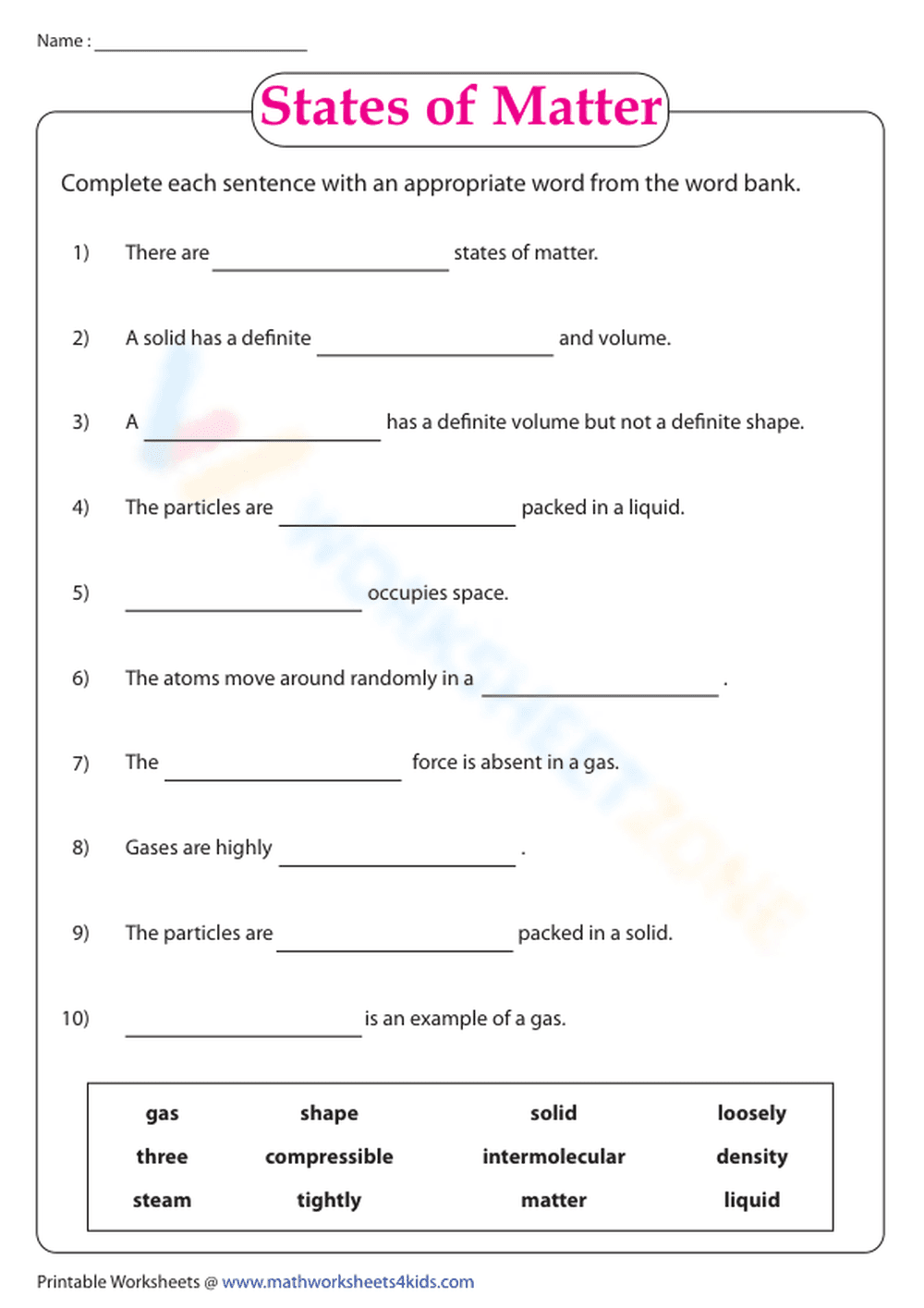 States of matter | Fill in the blanks - Page 1