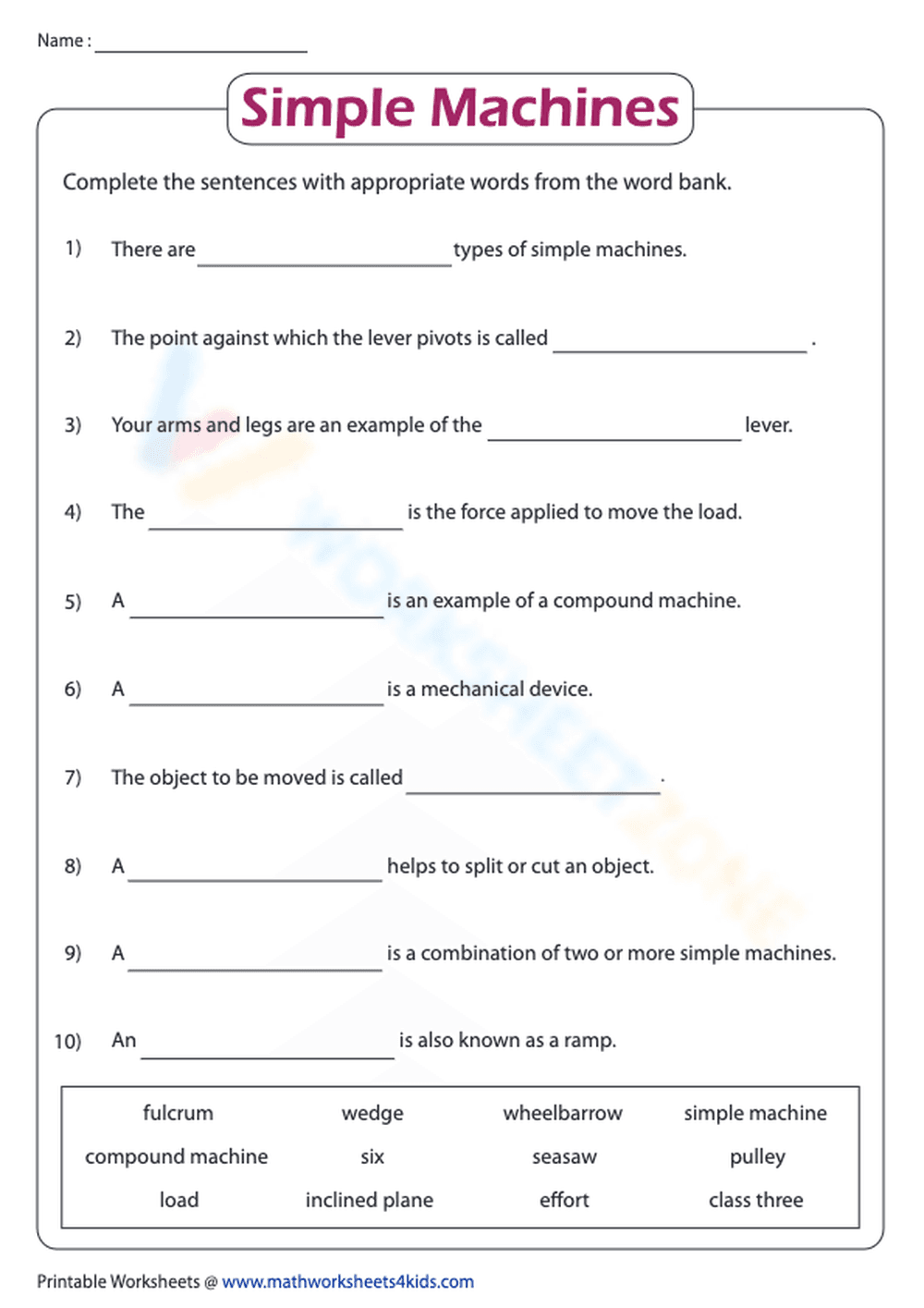 Simple Machines - Fill in the blank - Page 1