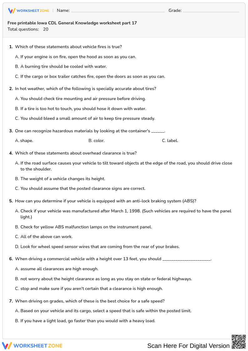 Free printable Iowa CDL General Knowledge worksheet part 17