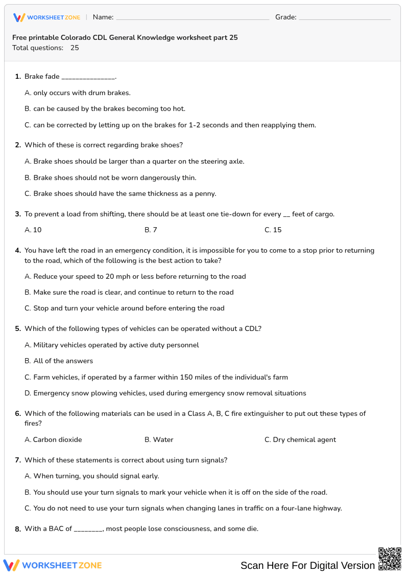 Free printable Colorado CDL General Knowledge worksheet part 25
