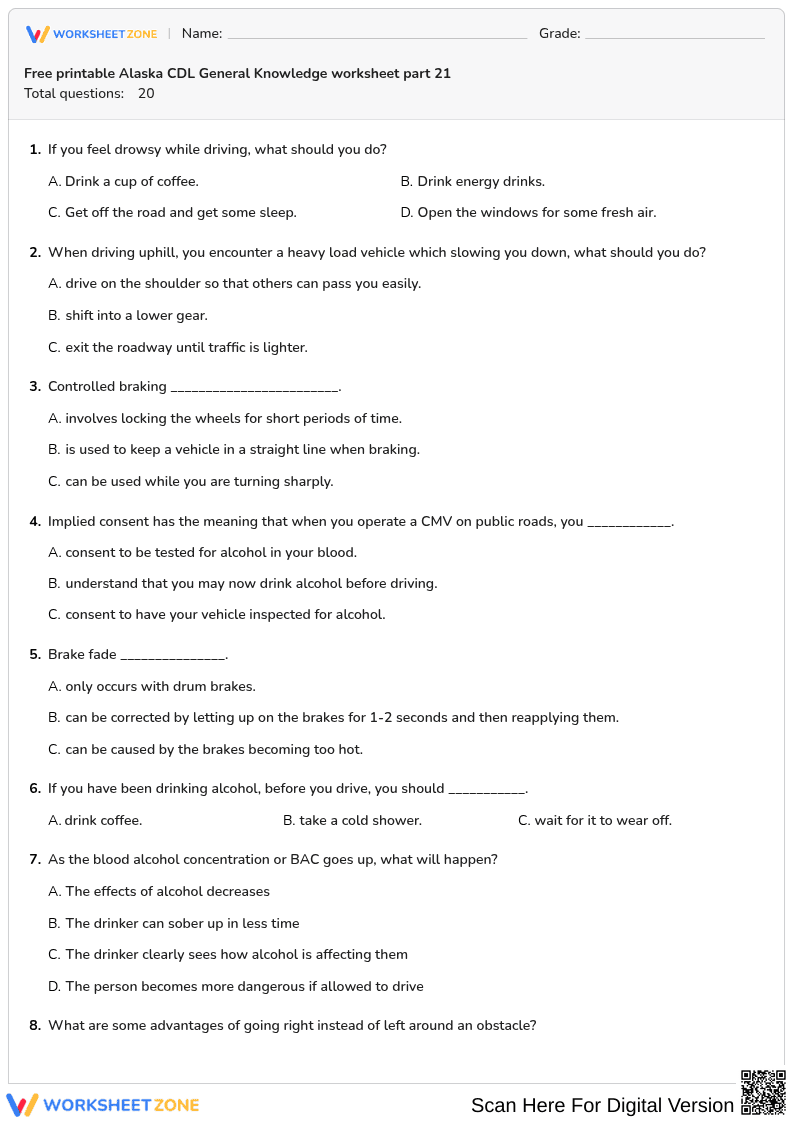 Free printable Alaska CDL General Knowledge worksheet part 21