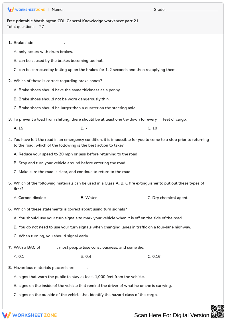 Free printable Washington CDL General Knowledge worksheet part 21