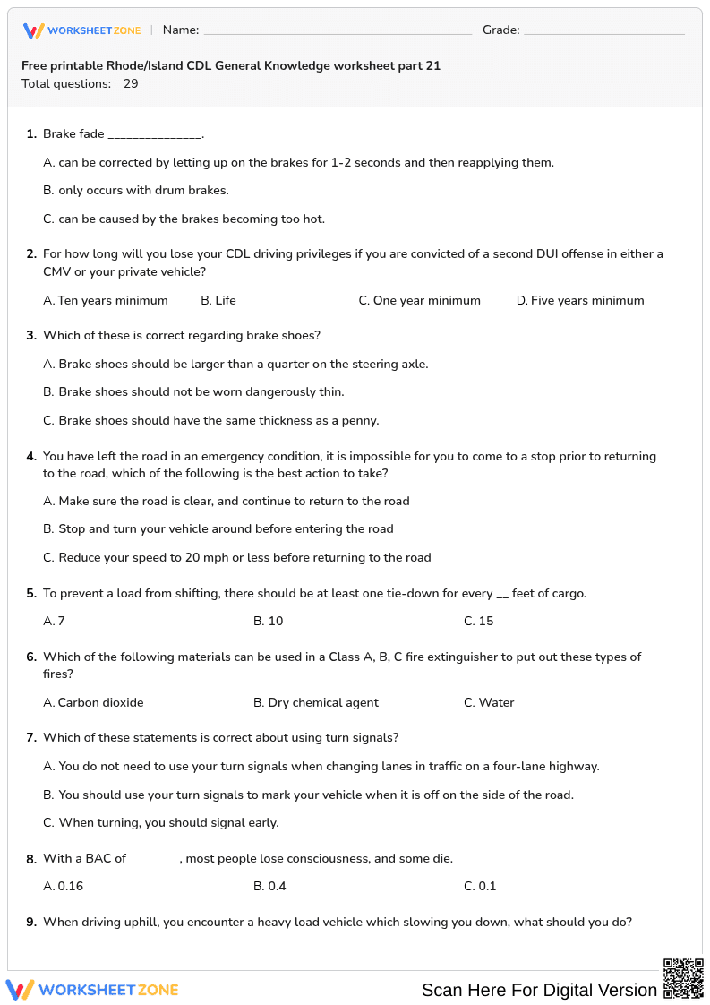 Free printable Rhode/Island CDL General Knowledge worksheet part 21