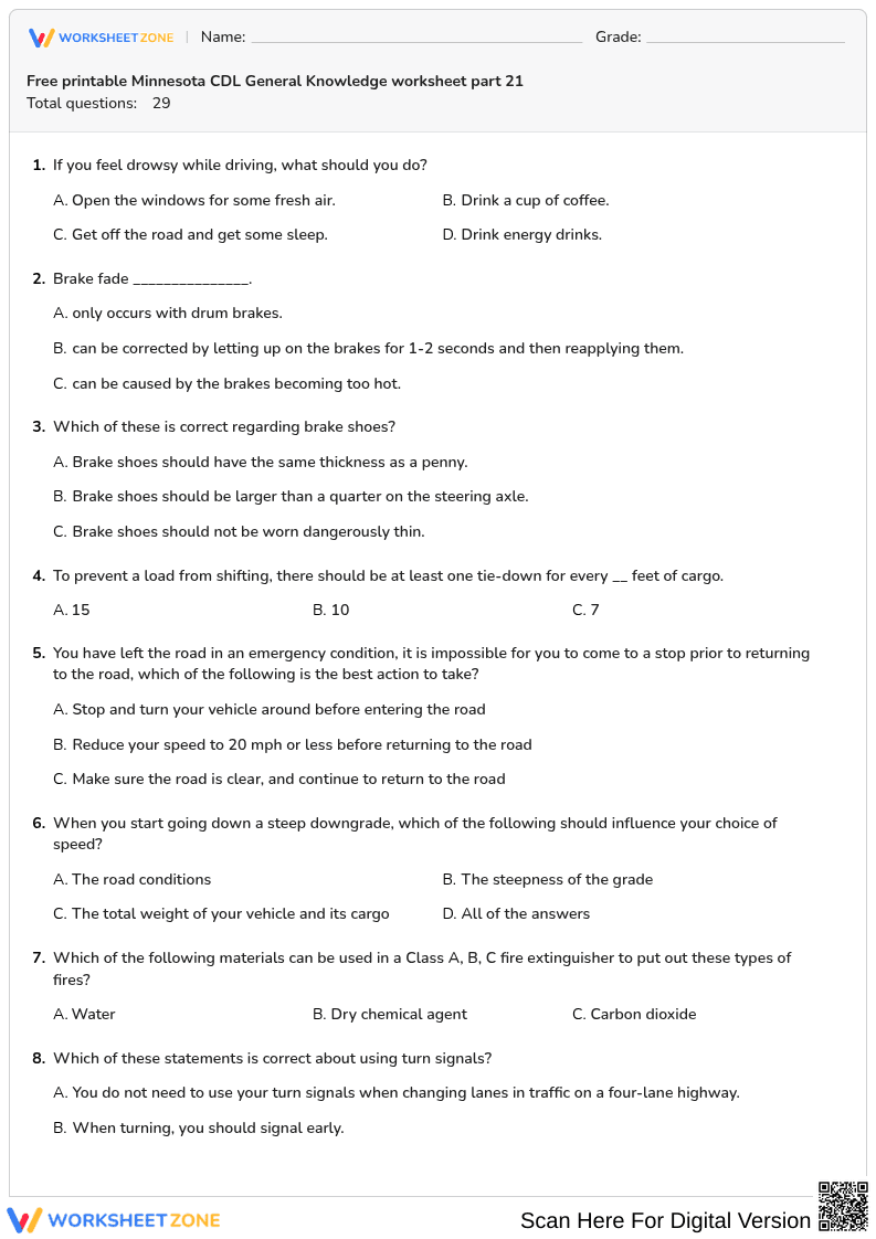Free printable Minnesota CDL General Knowledge worksheet part 21