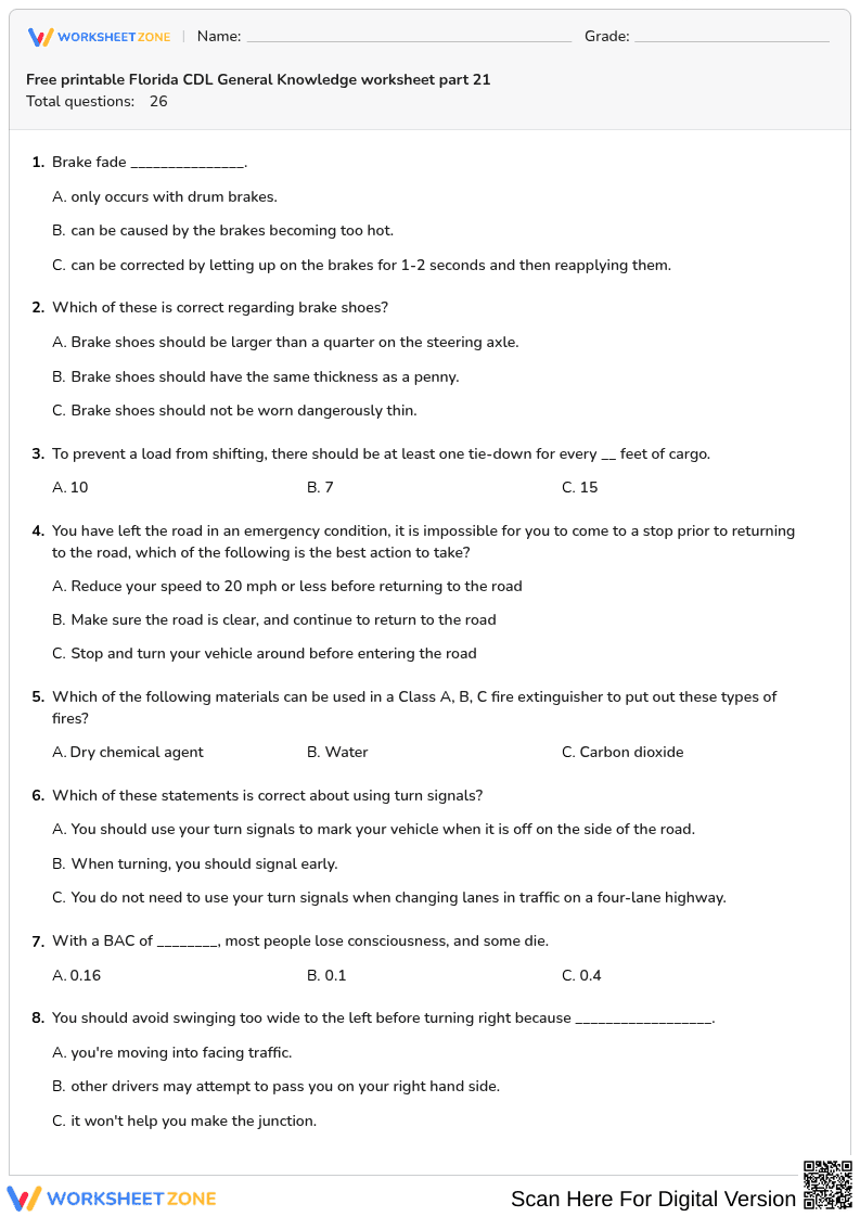 Free printable Florida CDL General Knowledge worksheet part 21