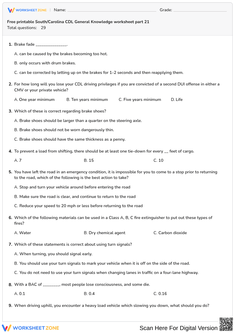 Free printable South/Carolina CDL General Knowledge worksheet part 21