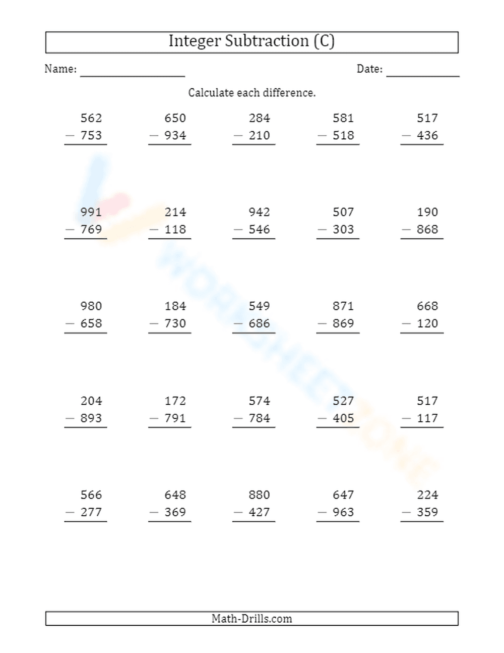 Vertical Subtraction: 3-Digit Positive Minus Positive - Page 1