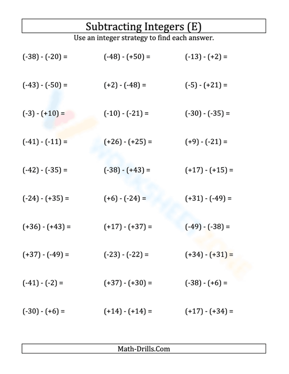 Integer Subtraction with Parentheses: -50 to 50 - Page 1