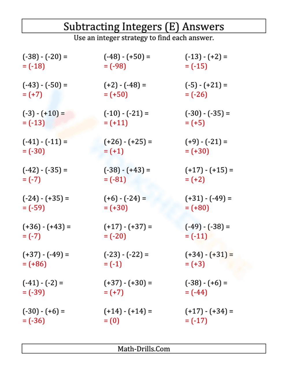 Integer Subtraction with Parentheses: -50 to 50 - Page 2