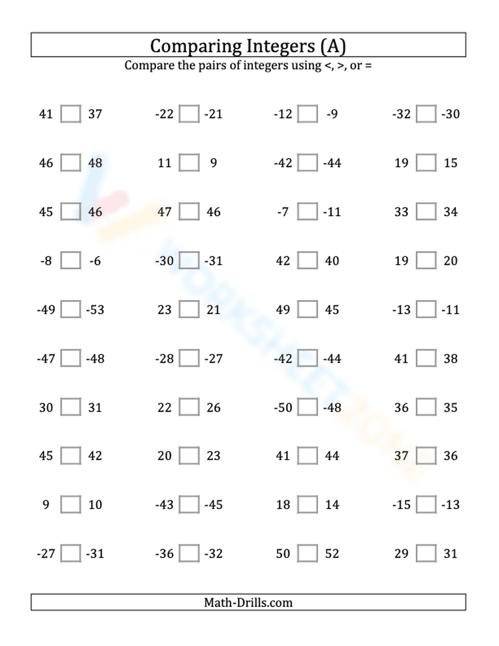 Integers comparing (close proximity) from -50 to 50 (1) - Page 1