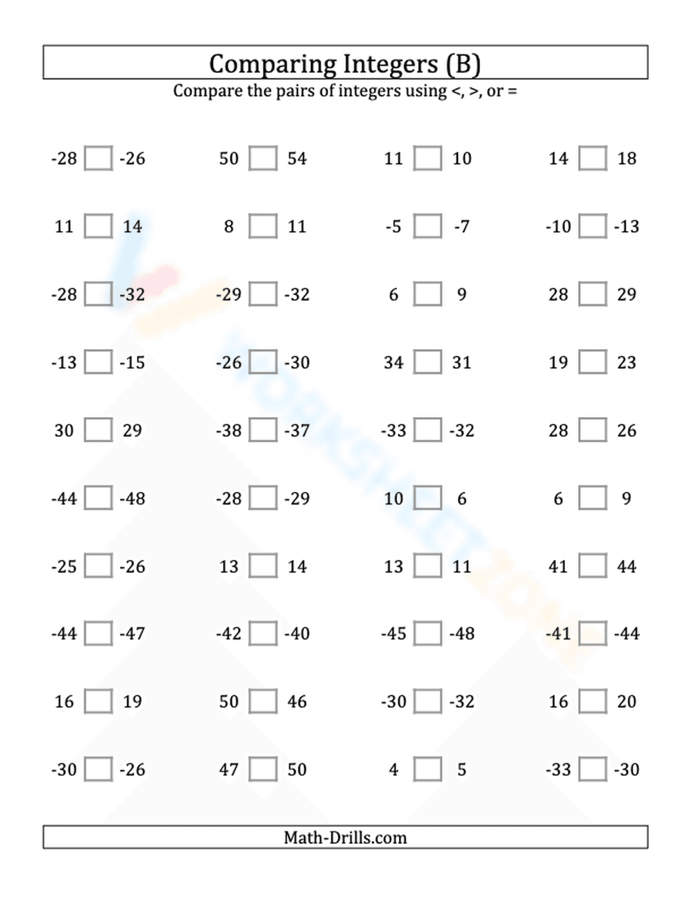 Integers comparing (close proximity) from -50 to 50 (2) - Page 1