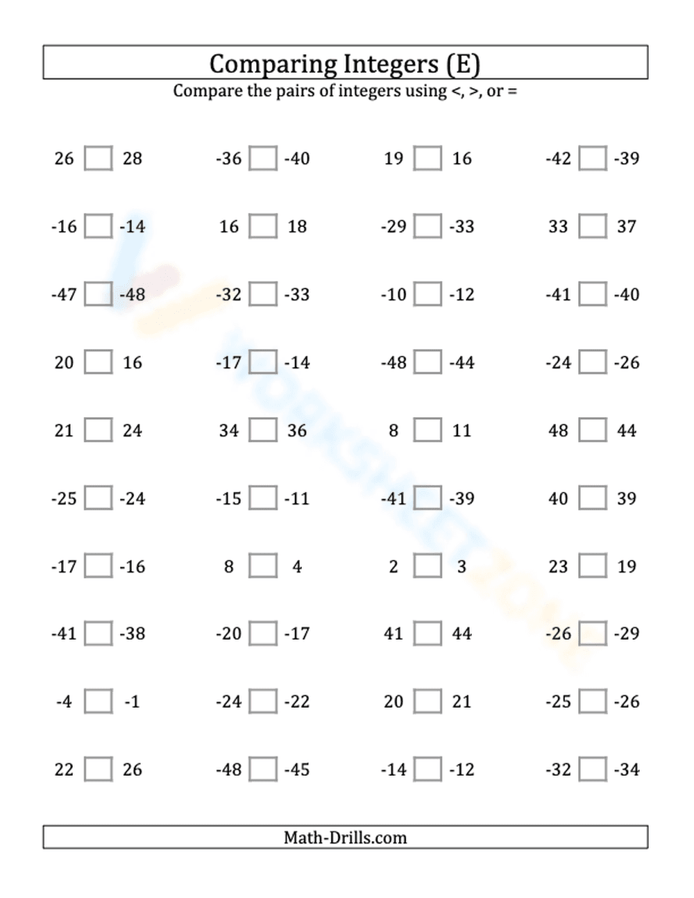 Integers comparing (close proximity) from -50 to 50 (5) - Page 1