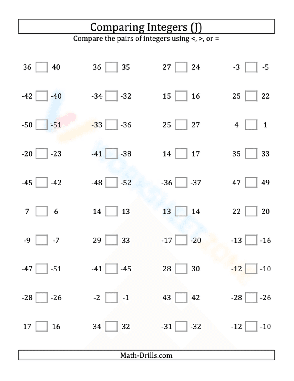Integers comparing (close proximity) from -50 to 50 (10) - Page 1