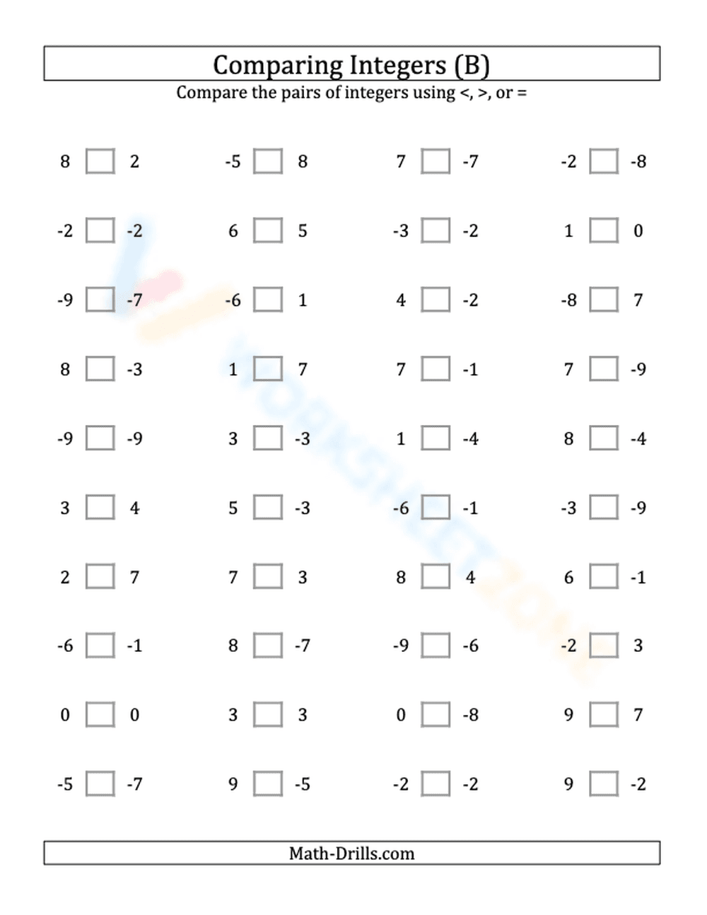 Integers comparing from -9 to 9 (2) - Page 1