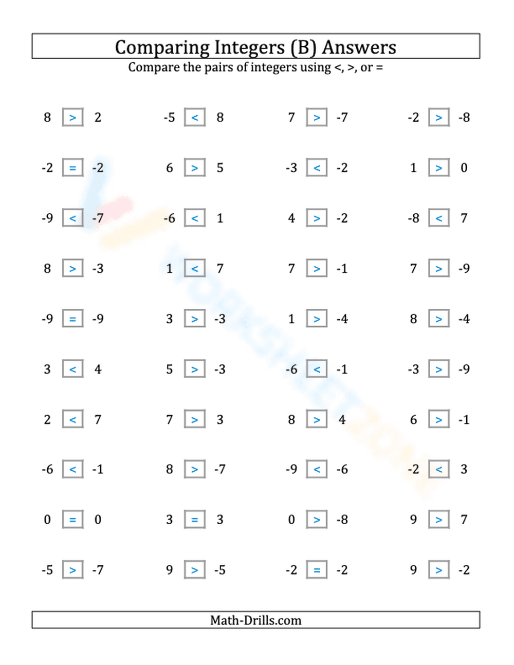 Integers comparing from -9 to 9 (2) - Page 2