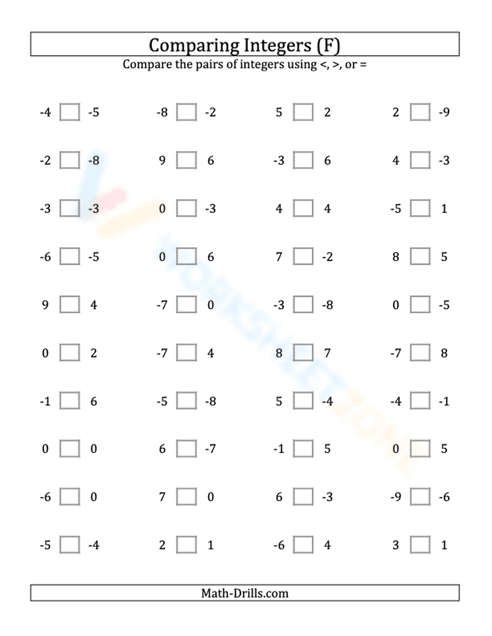 Integers comparing from -9 to 9 (6) - Page 1
