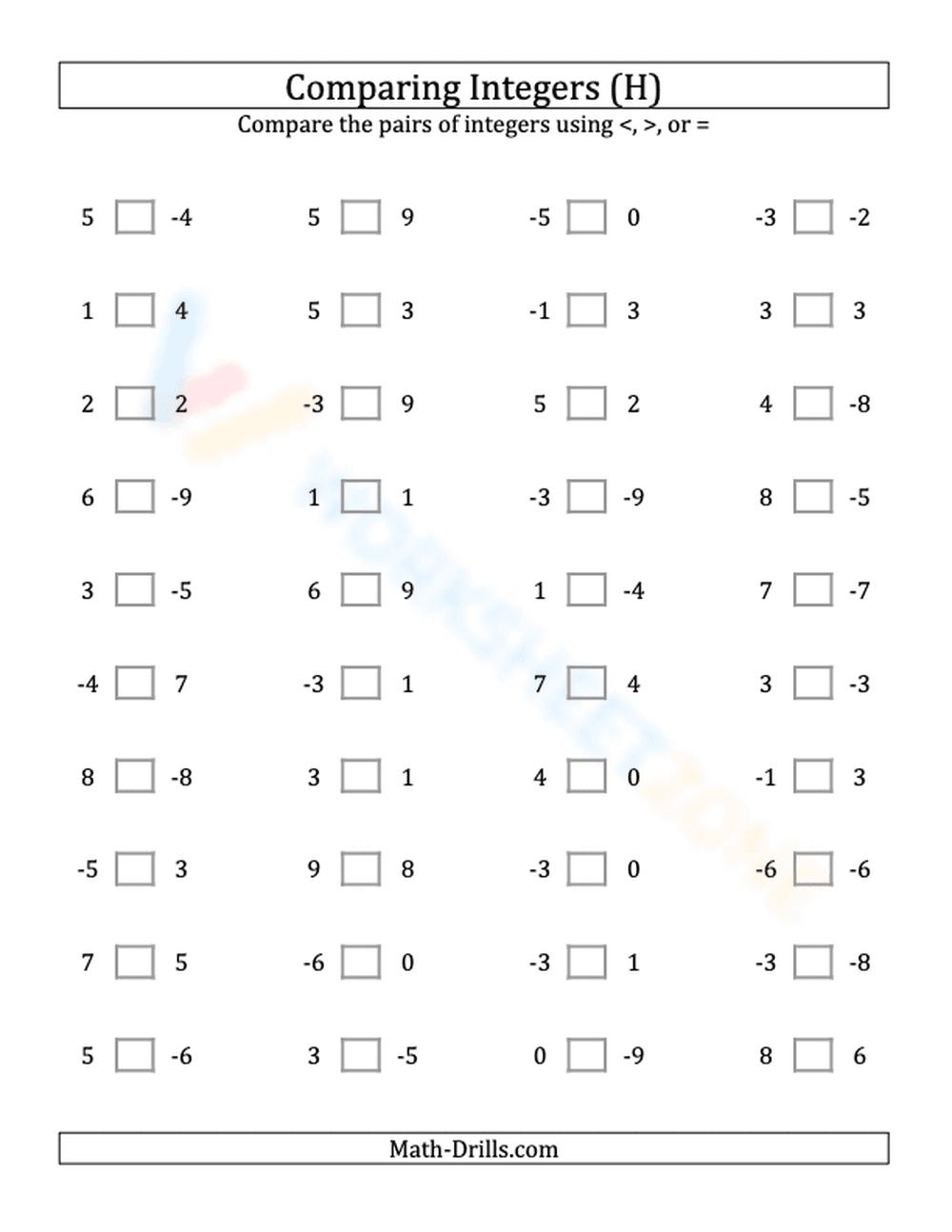 Integers comparing from -9 to 9 (8) - Page 1