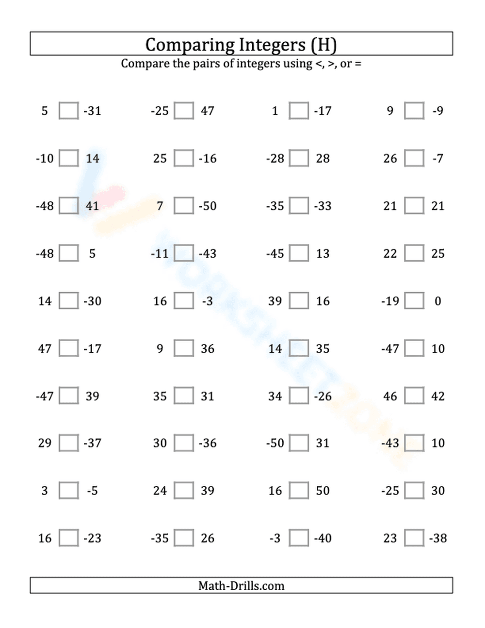 Integers comparing from -50 to 50 (8) - Page 1