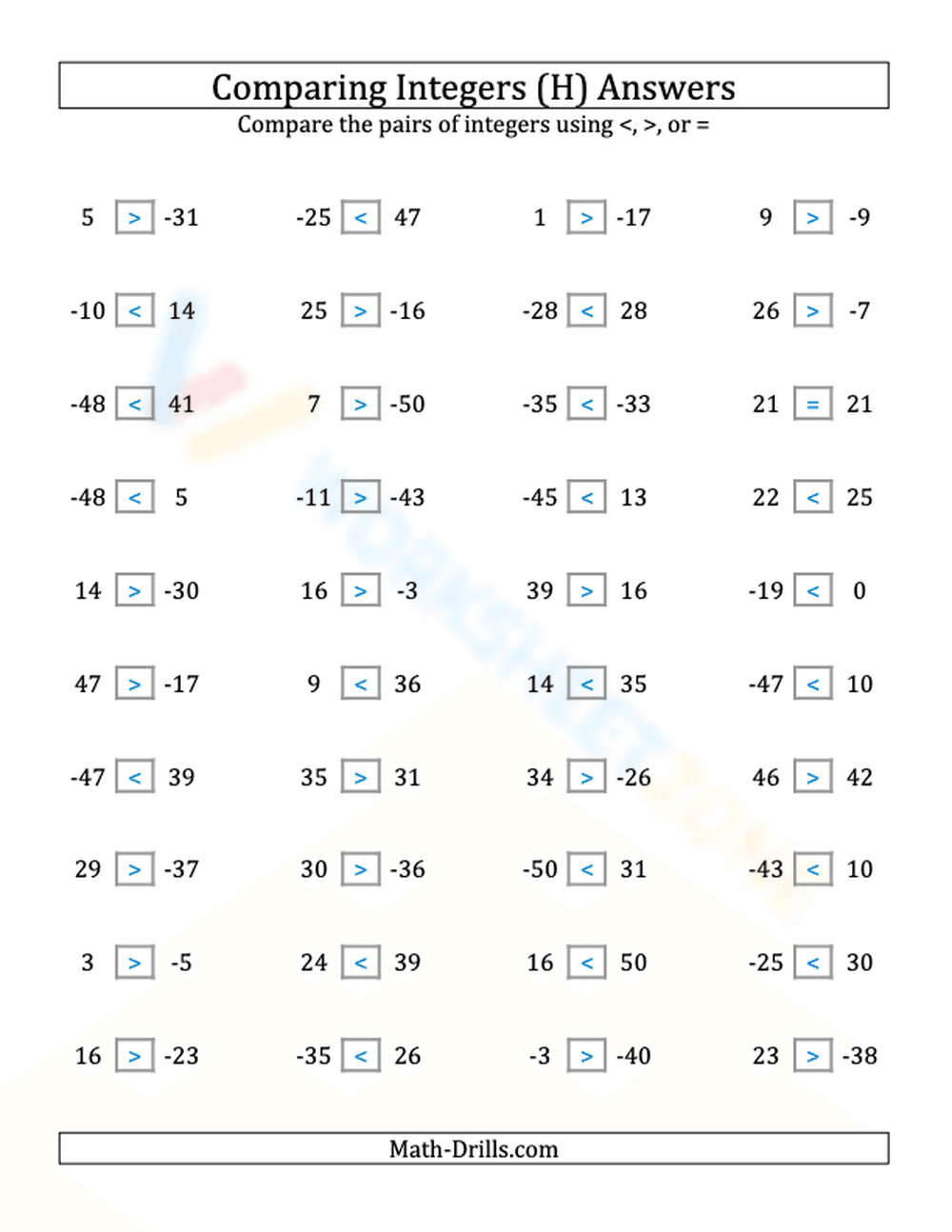 Integers comparing from -50 to 50 (8) - Page 2