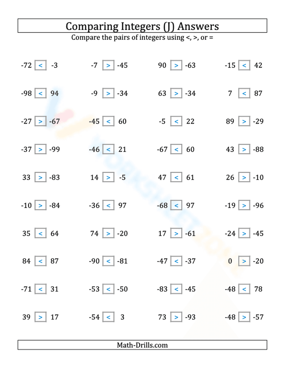 Integers comparing from -99 to 99 (10) - Page 2