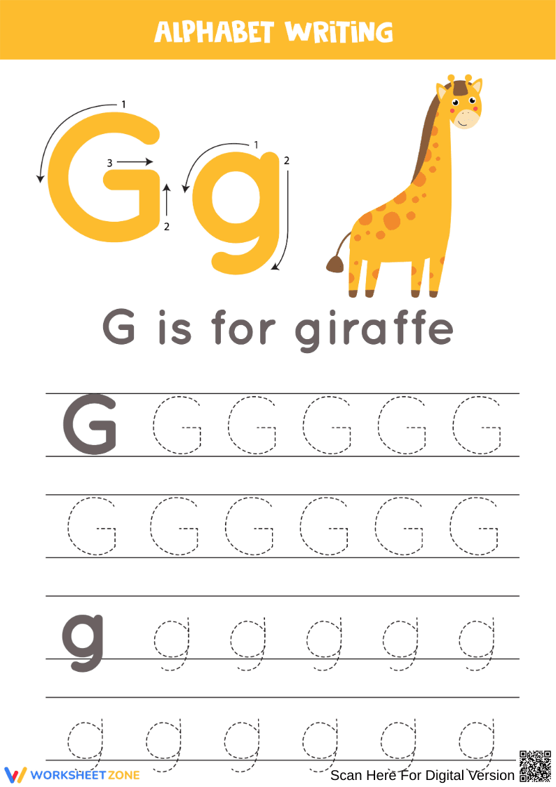 Alphabet Writing Worksheet – Gg for Giraffe - Page 1
