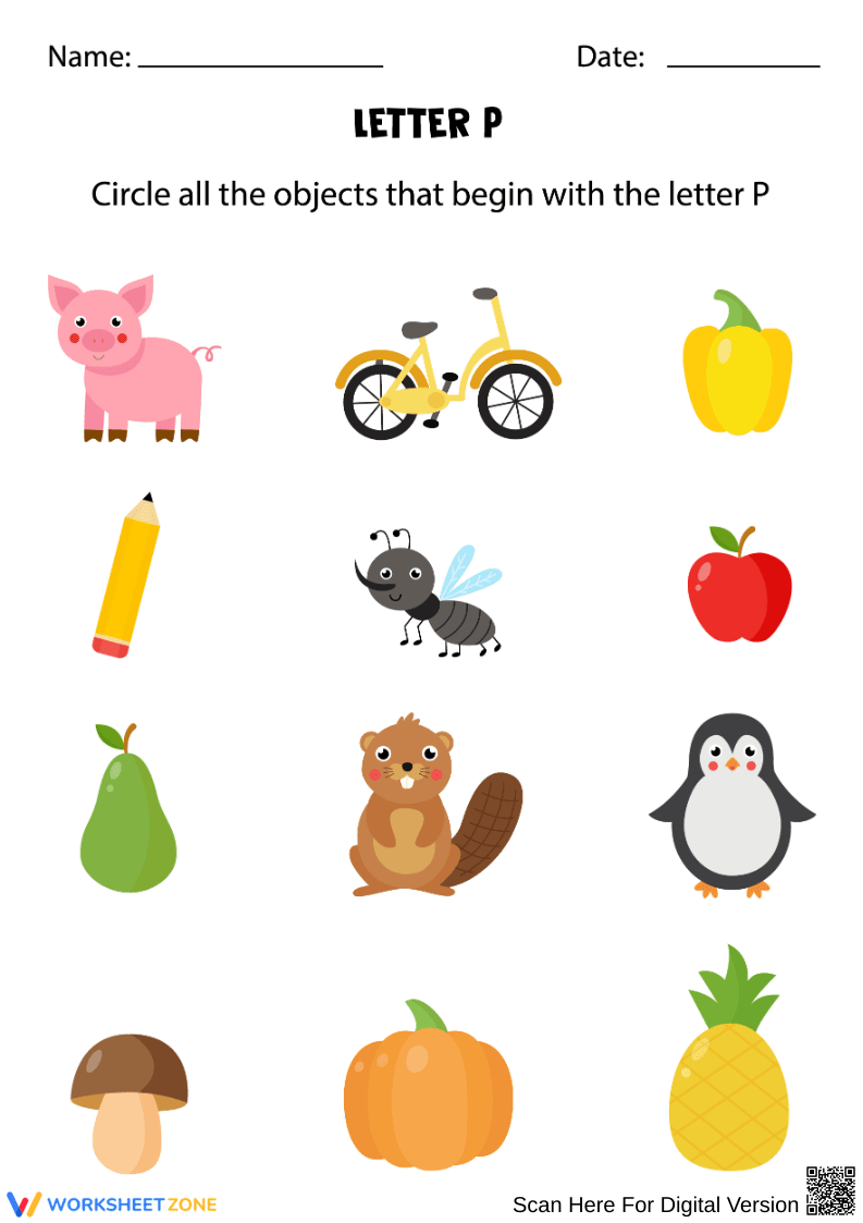 Letter P Recognition Worksheet for Early Learners - Page 1