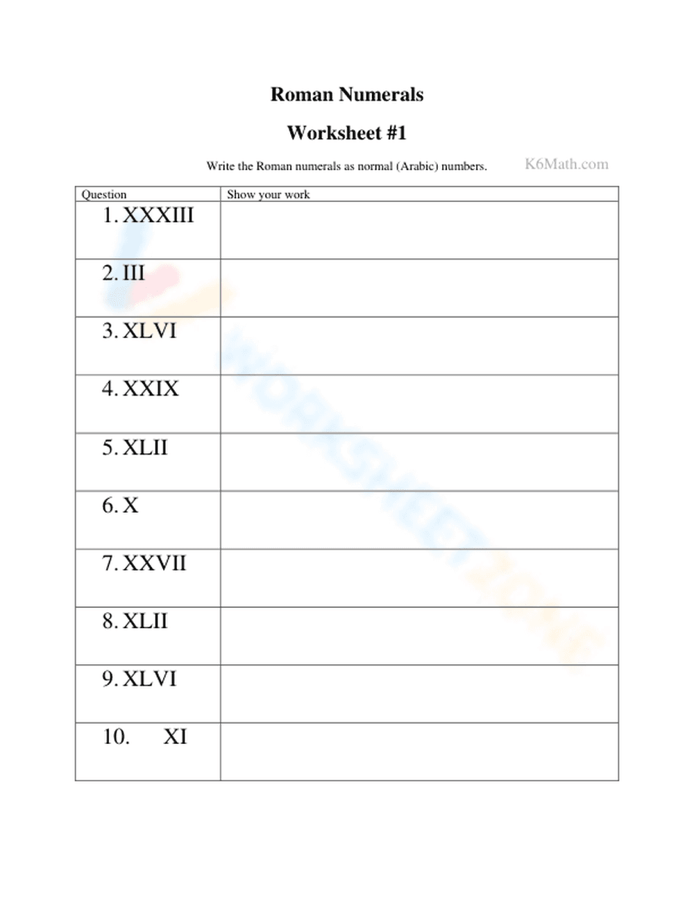 Learn Roman Numerals - Worksheet 1 - Page 1