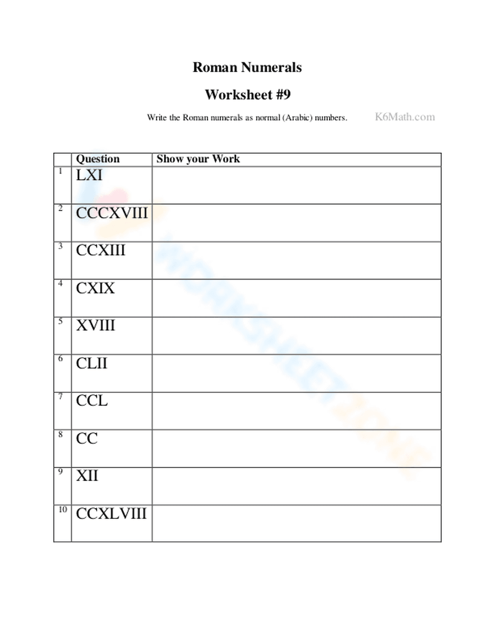 Worksheet for Understanding Roman Numerals Values - Page 1