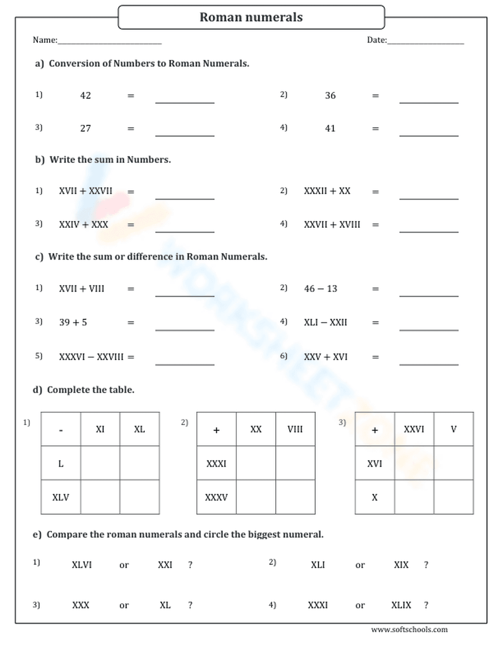Addition and Subtraction Worksheet with Roman Numerals - Page 1