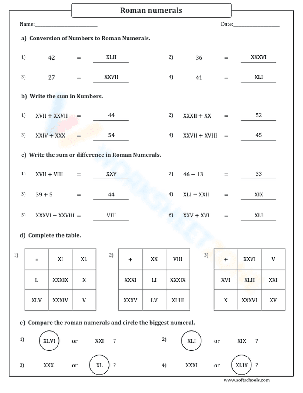 Addition and Subtraction Worksheet with Roman Numerals - Page 2