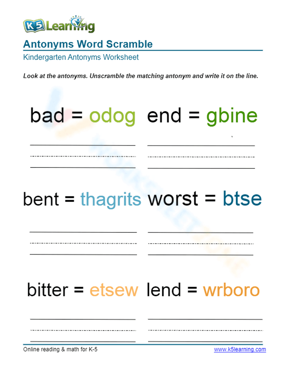 Antonyms Word Scramble 5 - Page 1