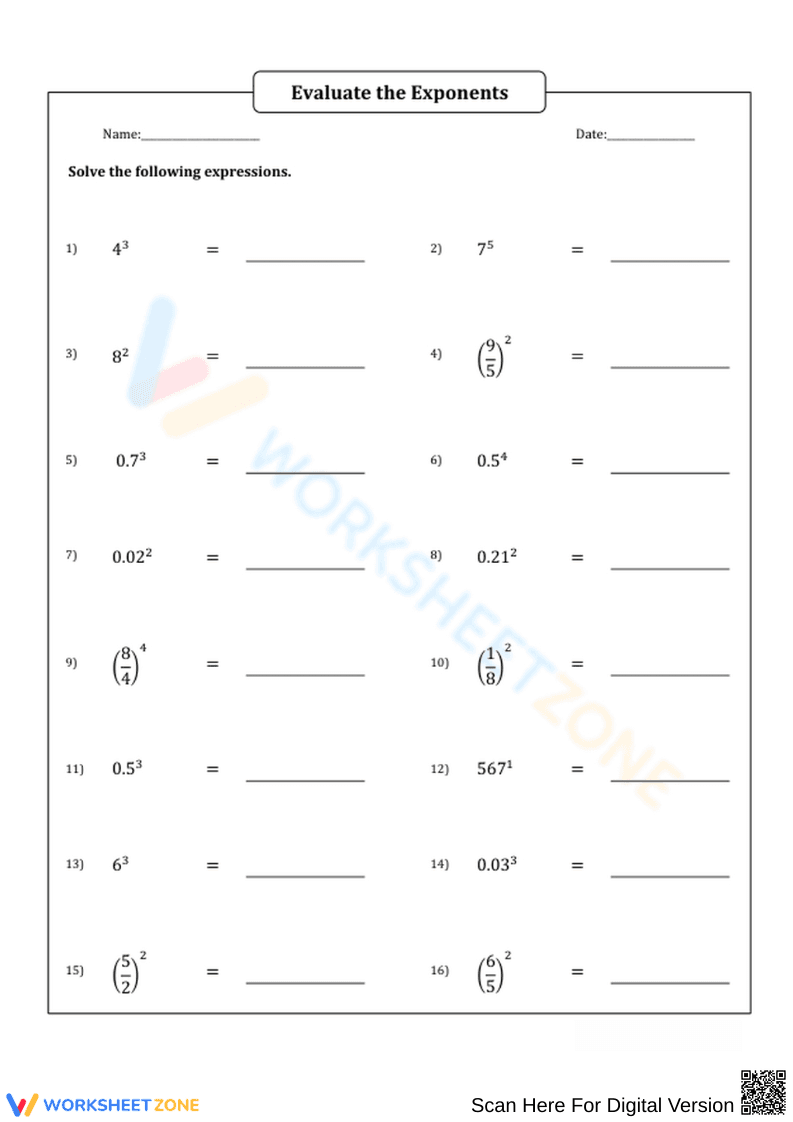 Exponent Practice Worksheet for Evaluating Powers and Expressions - Page 1