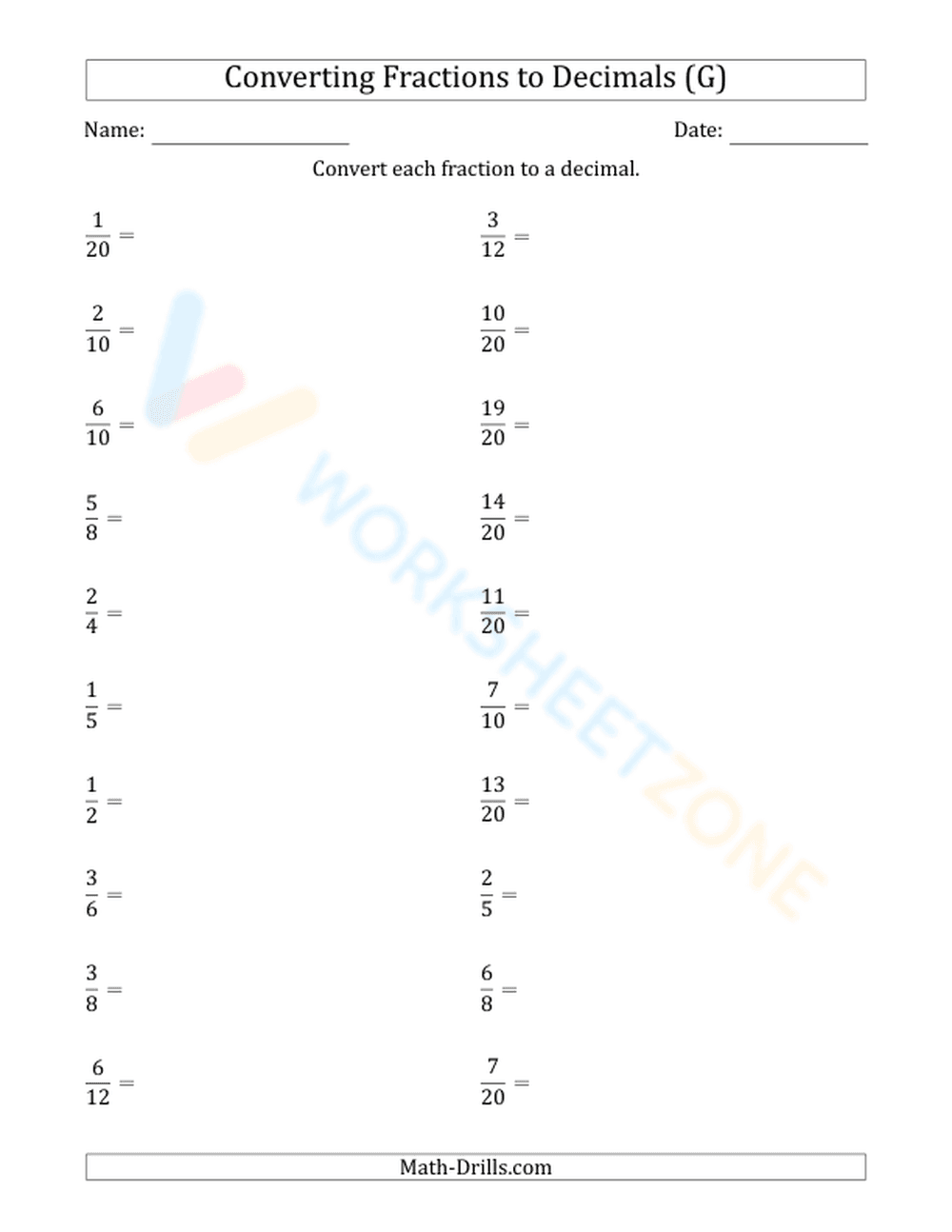 Converting between fractions, decimals, percents, and ratios - Page 1