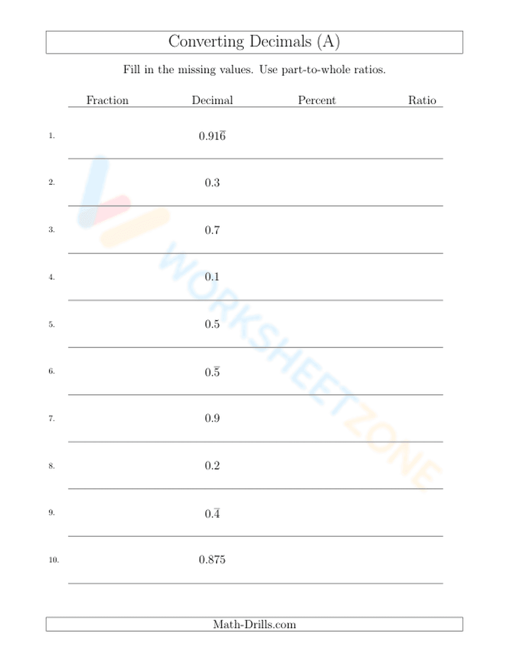 Converting between fractions, decimals, percents, and ratios - Page 1