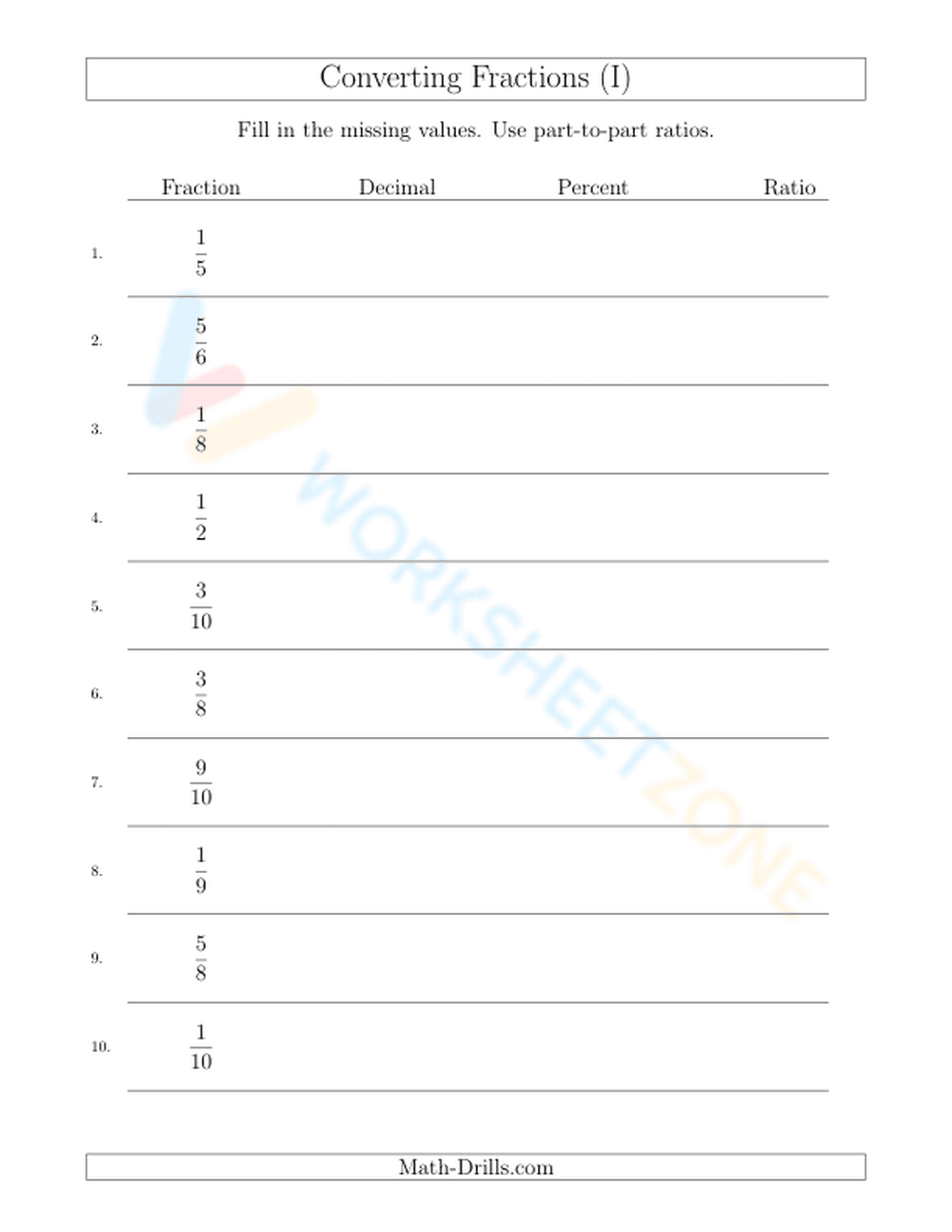 Converting between fractions, decimals, percents, and ratios - Page 1