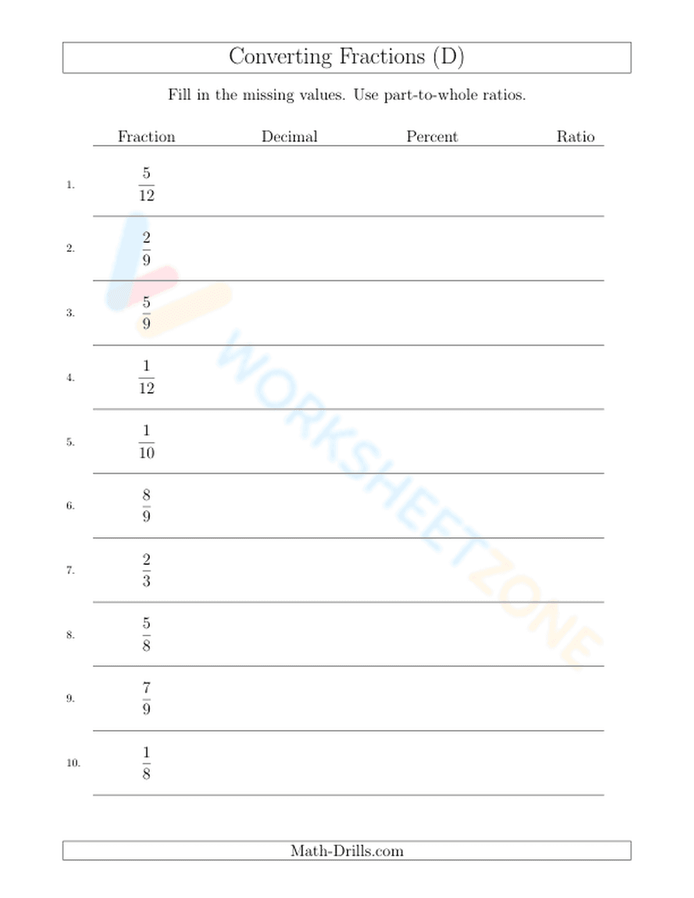 Converting between fractions, decimals, percents, and ratios - Page 1