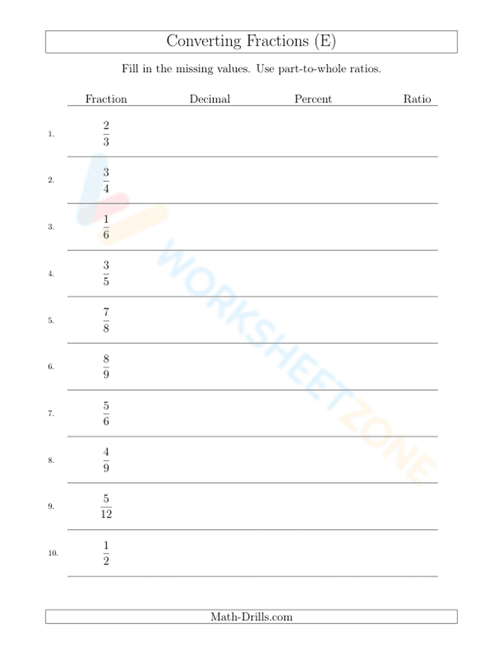 Converting between fractions, decimals, percents, and ratios - Page 1