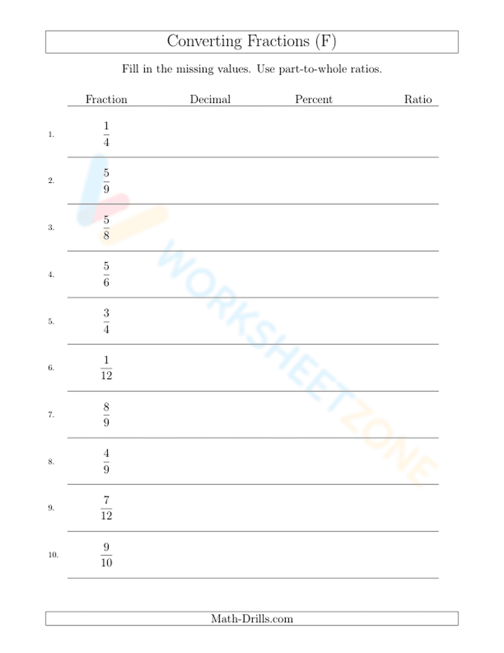Converting between fractions, decimals, percents, and ratios - Page 1