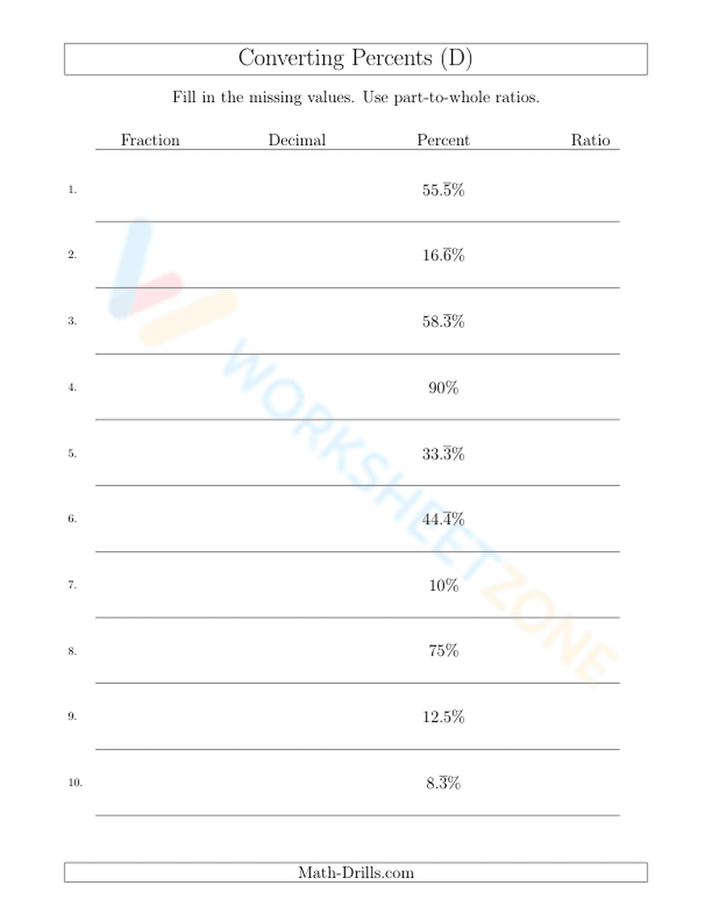 Converting between fractions, decimals, percents, and ratios - Page 1