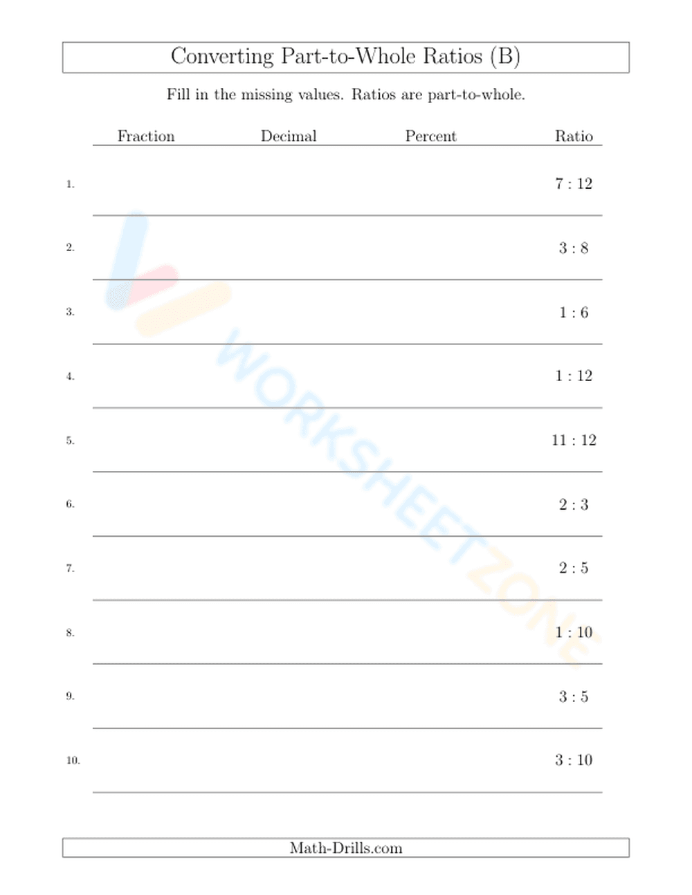 Converting between fractions, decimals, percents, and ratios - Page 1