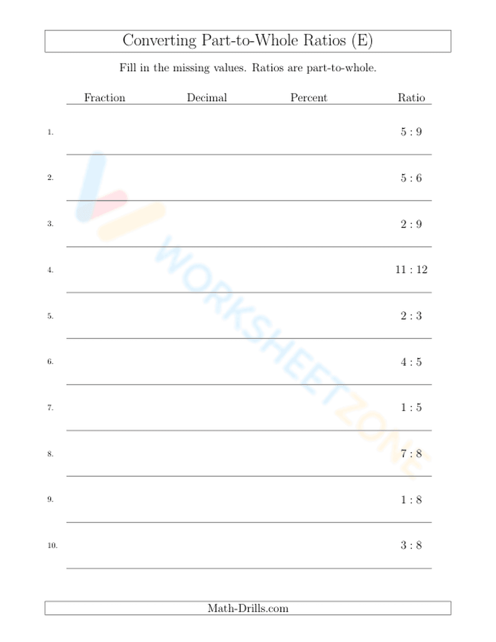 Converting between fractions, decimals, percents, and ratios - Page 1