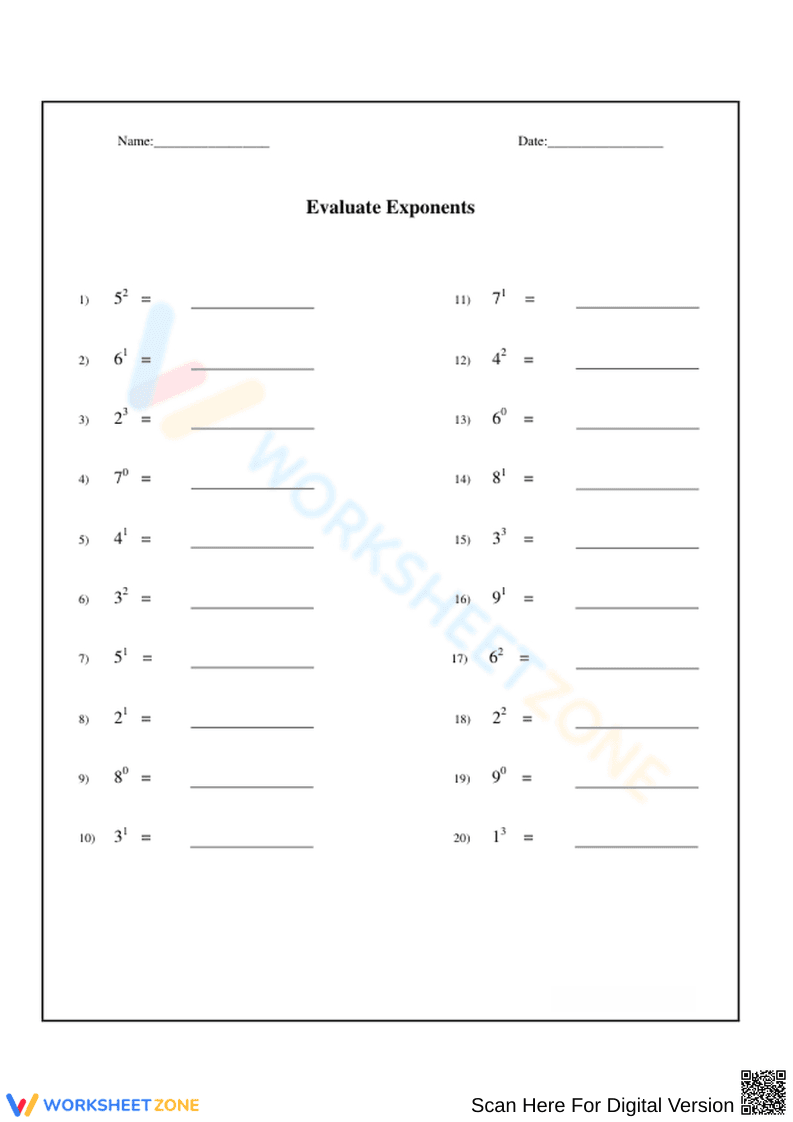 Evaluate Exponents Worksheet - Page 1