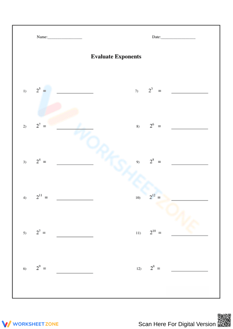 Exponents and Powers of Numbers Worksheet - Page 1