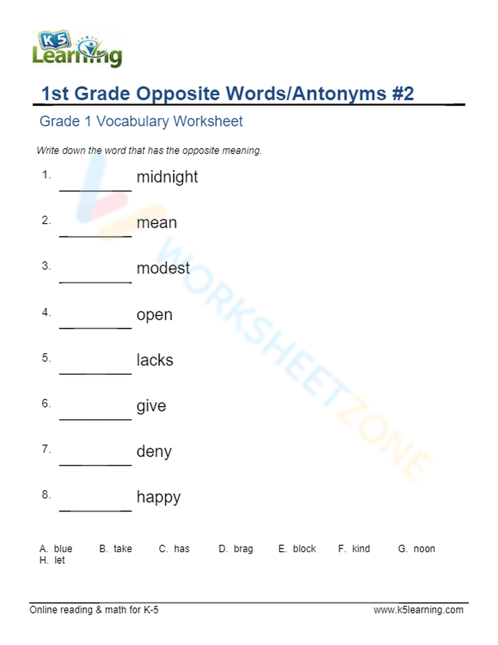 1st Grade Opposite Words/Antonyms 2 - Page 1