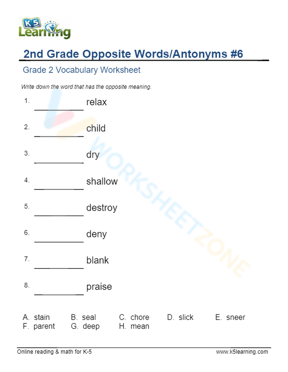 2nd Grade Opposite Words/Antonyms 6 - Page 1