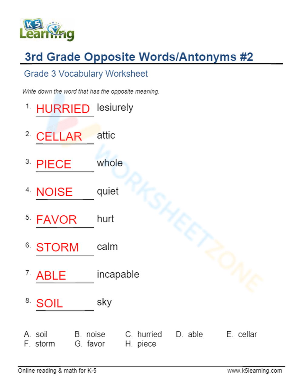 3rd Grade Opposite Words/Antonyms 2 - Page 2