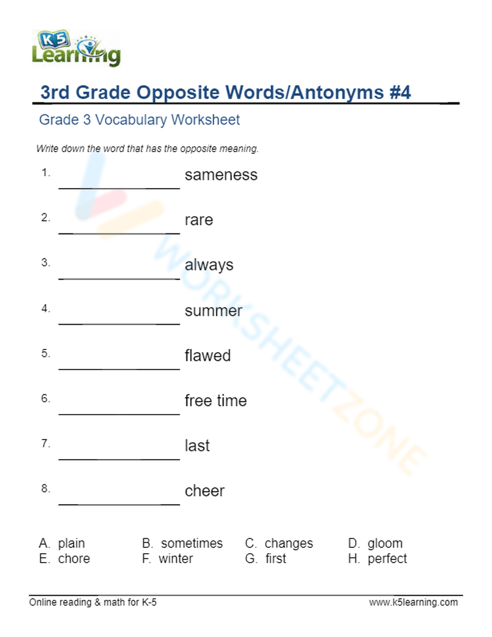 3rd Grade Opposite Words/Antonyms 4 - Page 1