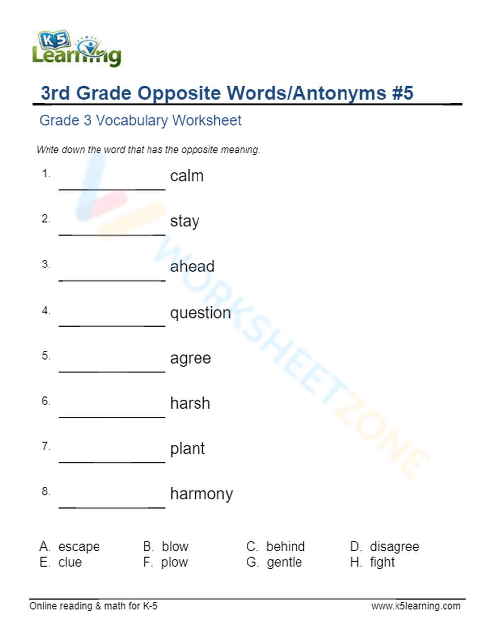3rd Grade Opposite Words/Antonyms 5 - Page 1